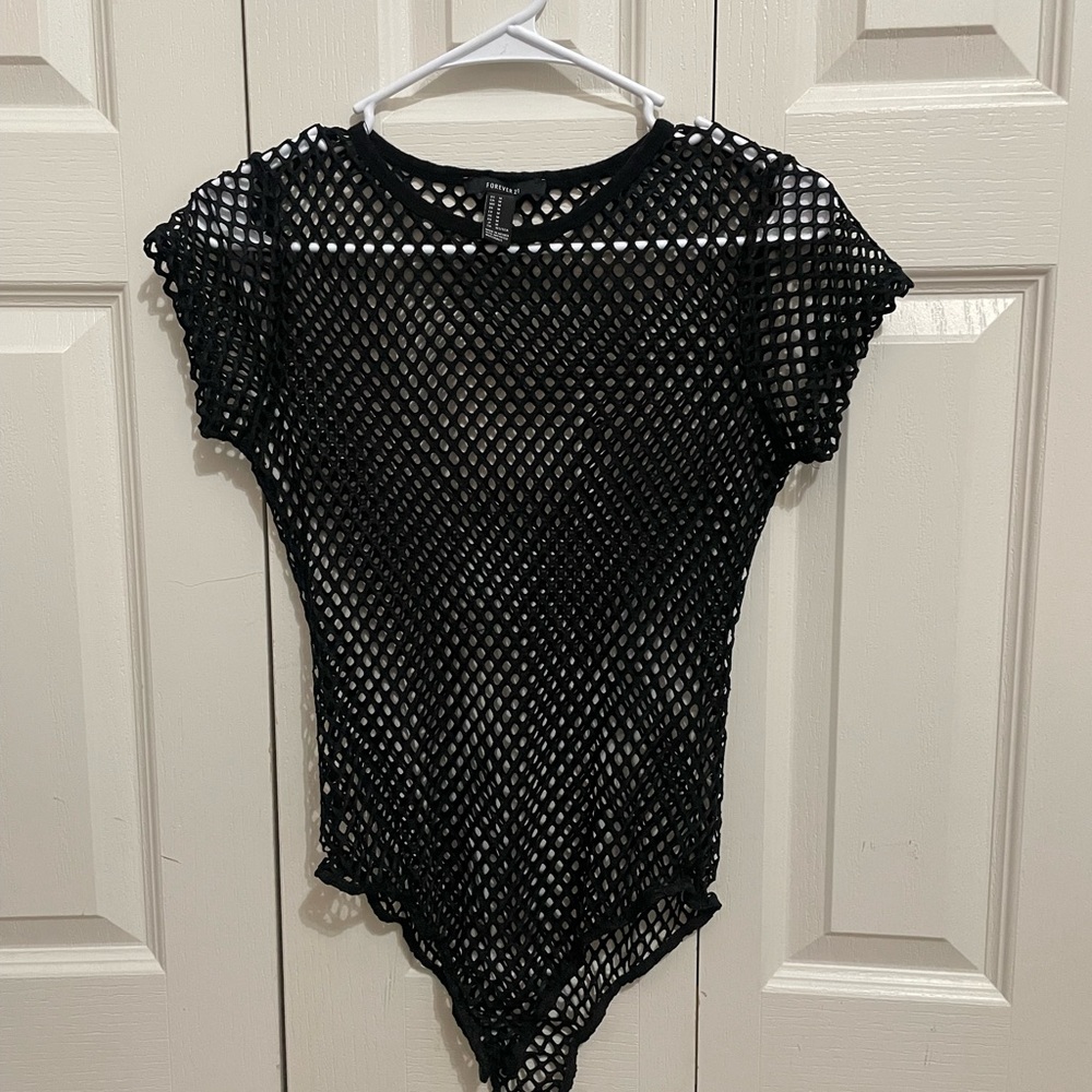 Forever 21 Black mesh short sleeve bodysuit size M